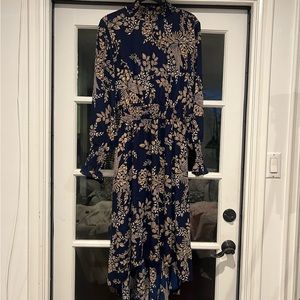 Blue dress with Gold leaf print, classy,